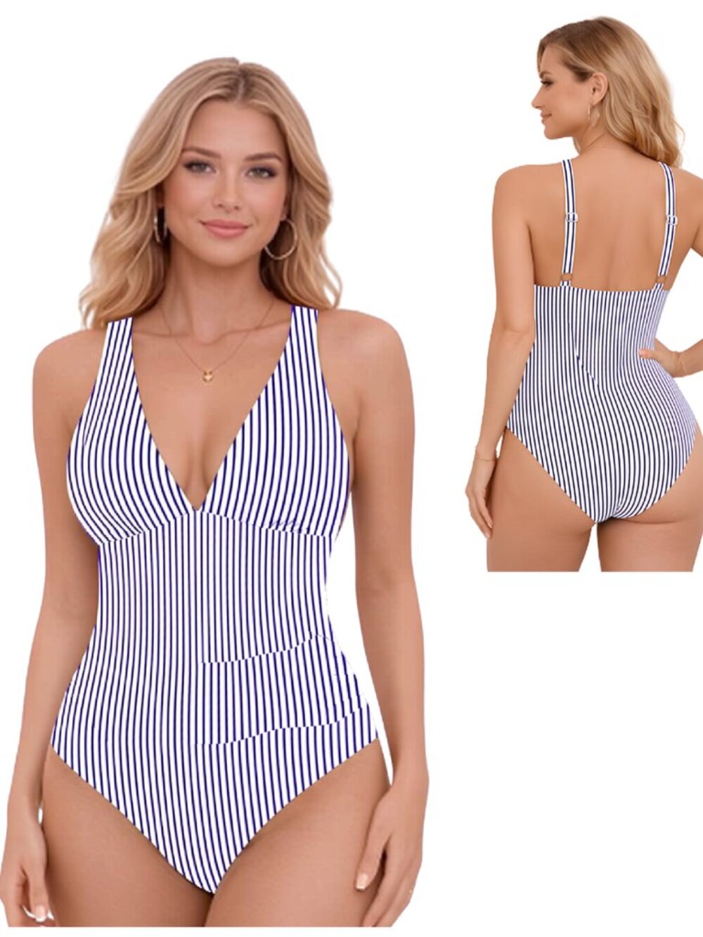 Popvil Large Blue White Stripe Tummy Control  One-Piece Swimsuit NWT